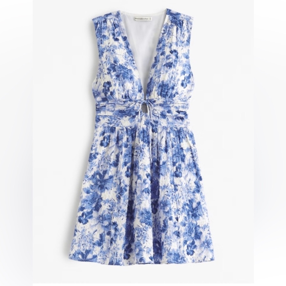 New Abercrombie and Fitch Tie Front blue and white textured dress